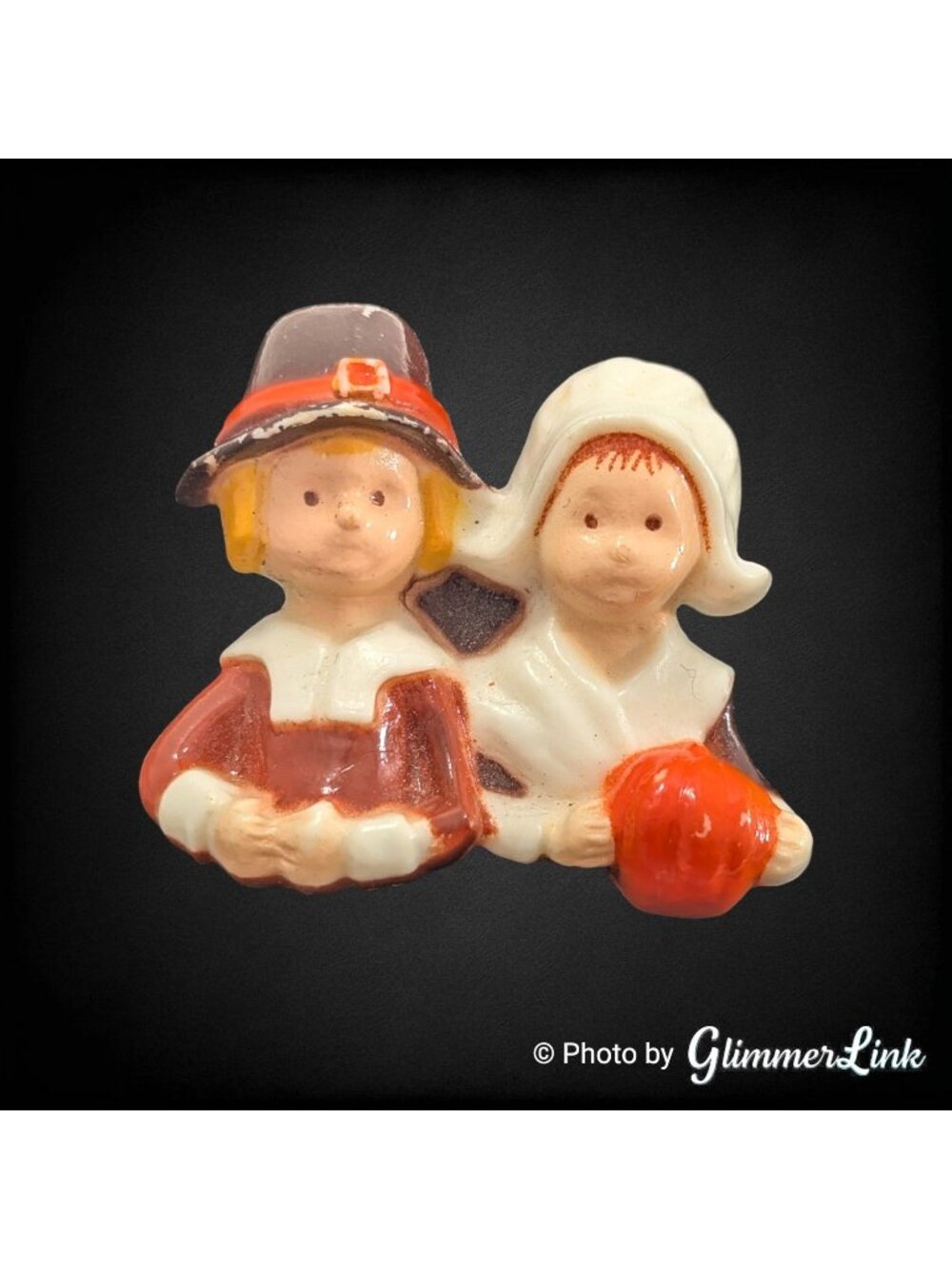 Vintage Pilgrim Couple Pumpkin Brooch Thanksgiving Plastic Hong Kong